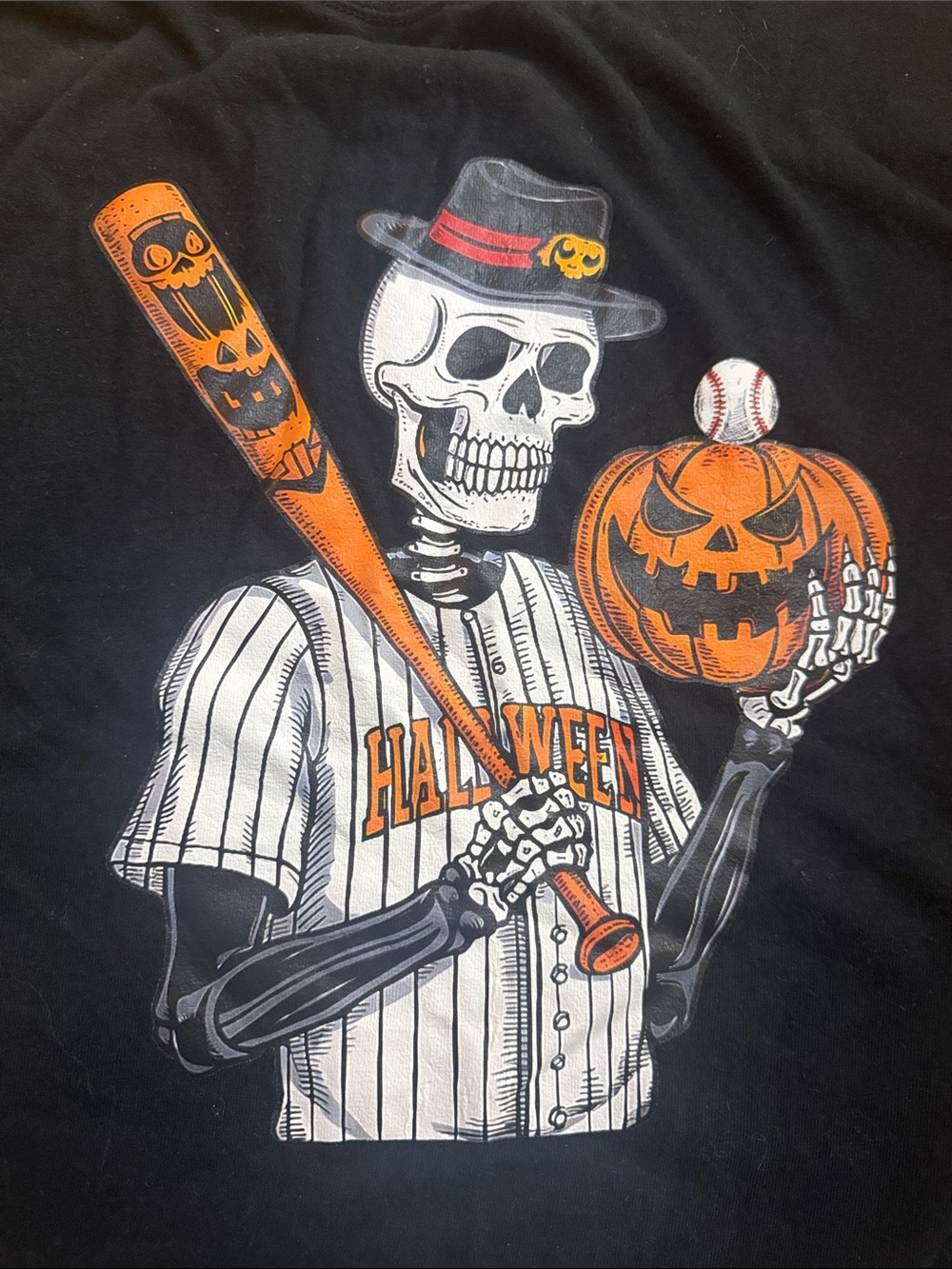 Halloween Skeleton Baseball Short Sleeve Tee - Black